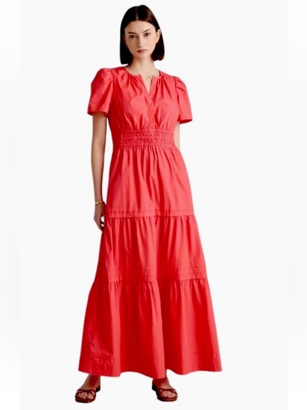 Quince Organic 100% Cotton Poplin Tiered Maxi Dress Spiced Coral Sz XS Orange